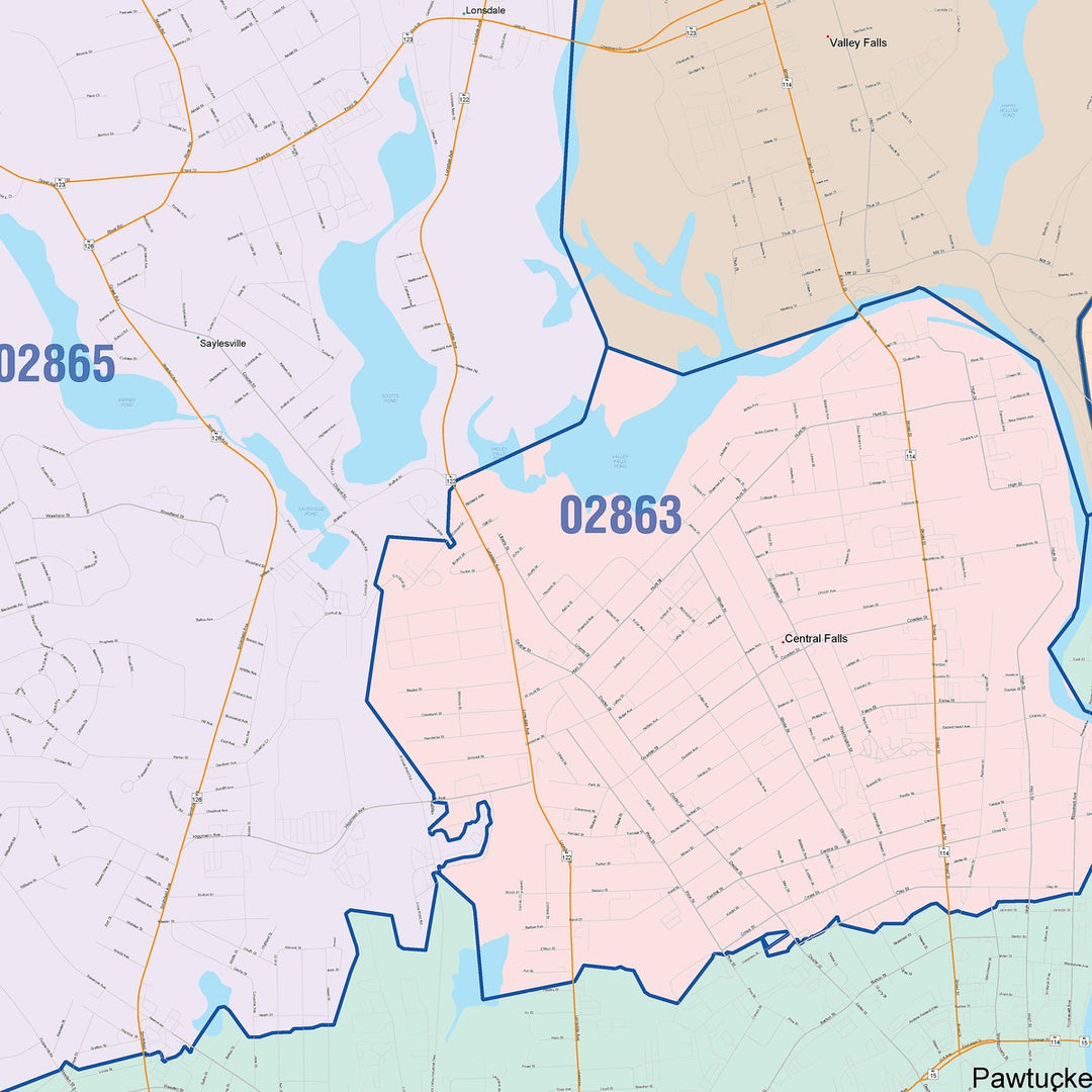 Color Cast Zip Code Style Wall Map of Pawtucket, RI