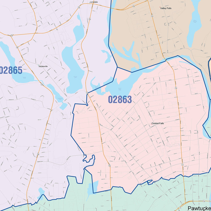 Color Cast Zip Code Style Wall Map of Pawtucket, RI