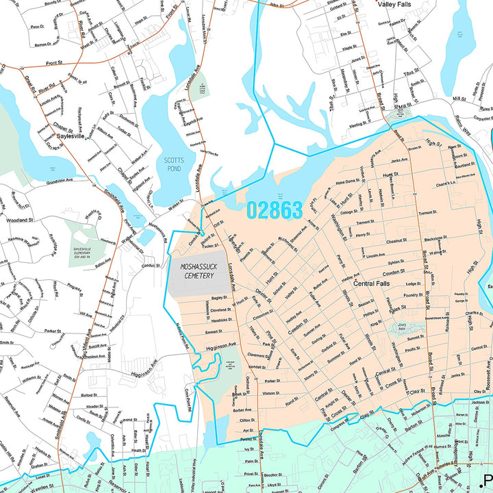 Premium Style Wall Map of Pawtucket, RI