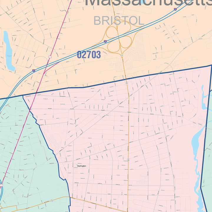Color Cast Zip Code Style Wall Map of Pawtucket, RI