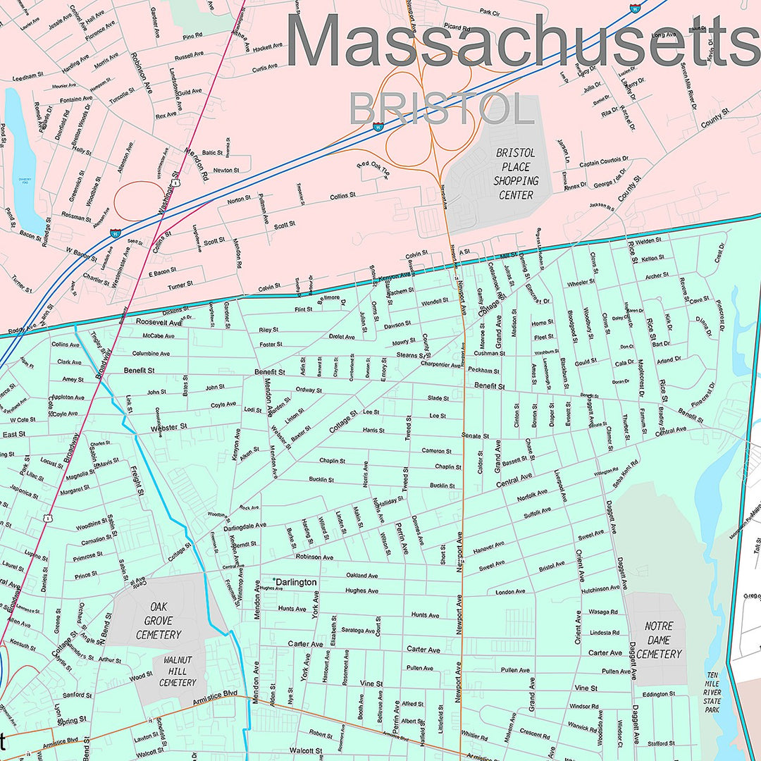 Premium Style Wall Map of Pawtucket, RI