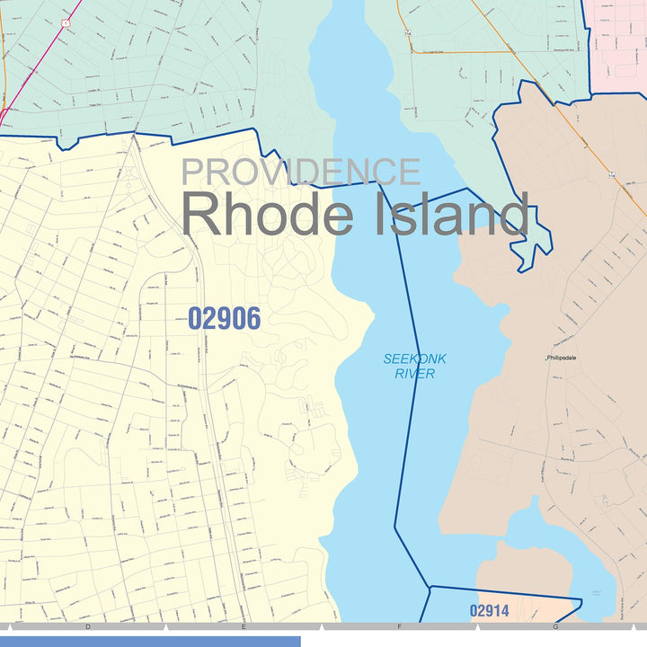 Color Cast Zip Code Style Wall Map of Pawtucket, RI