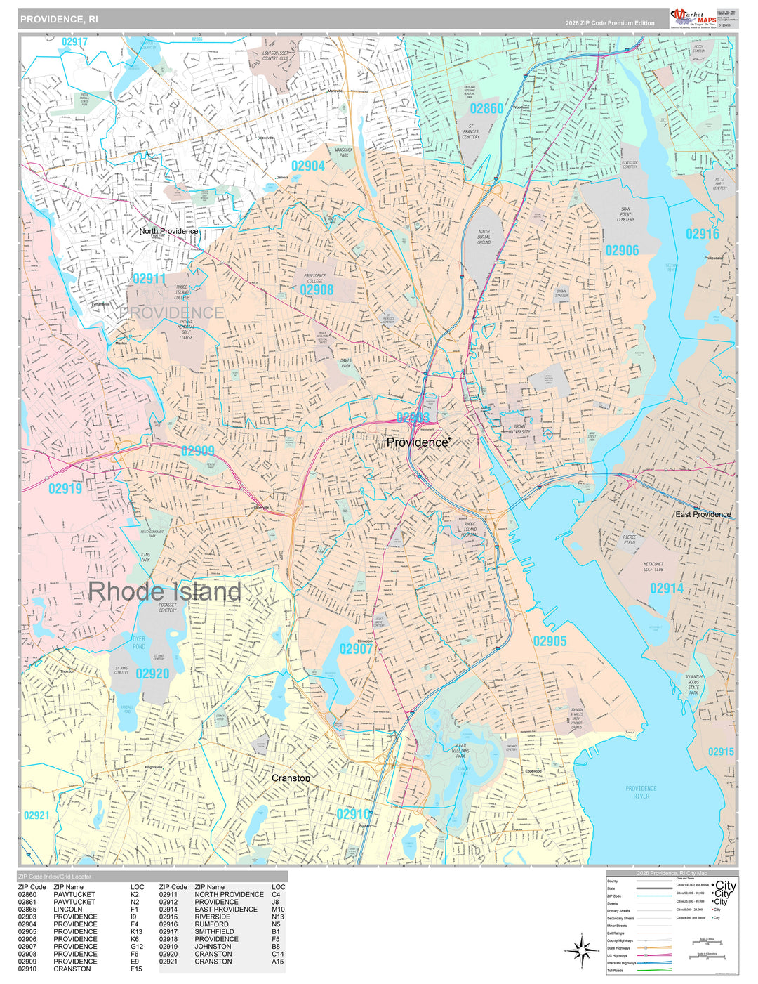 Premium Style Wall Map of Providence RI