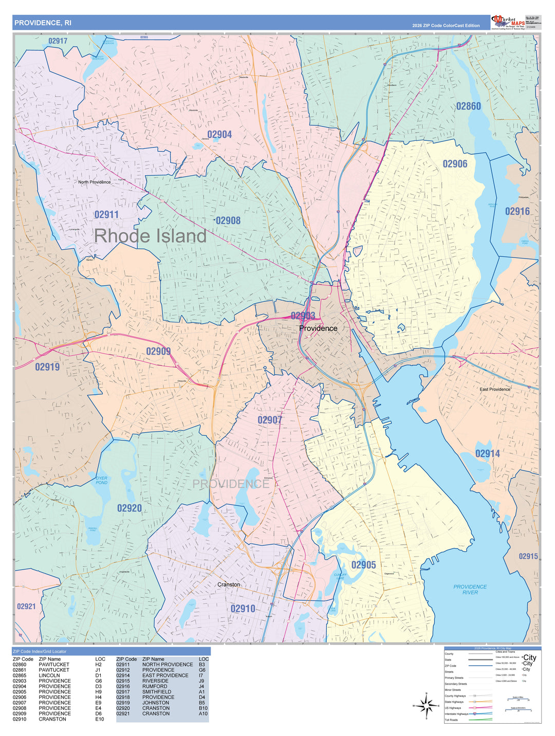 Color Cast Zip Code Style Wall Map of Providence, RI