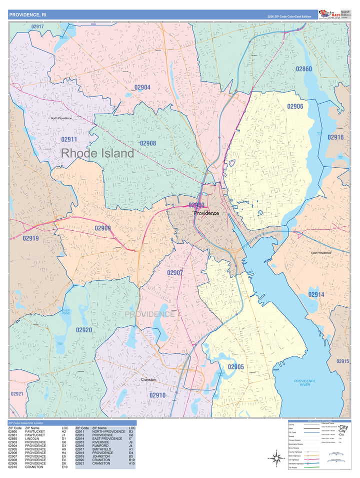 Color Cast Zip Code Style Wall Map of Providence, RI