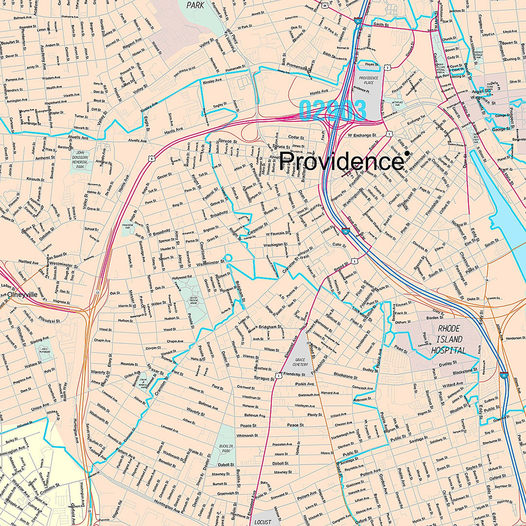 Premium Style Wall Map of Providence RI