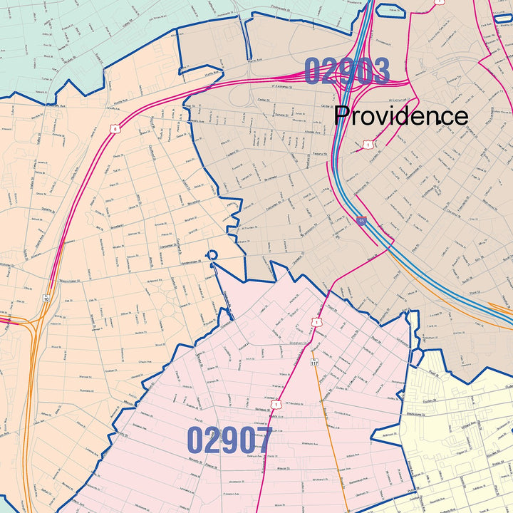 Color Cast Zip Code Style Wall Map of Providence, RI