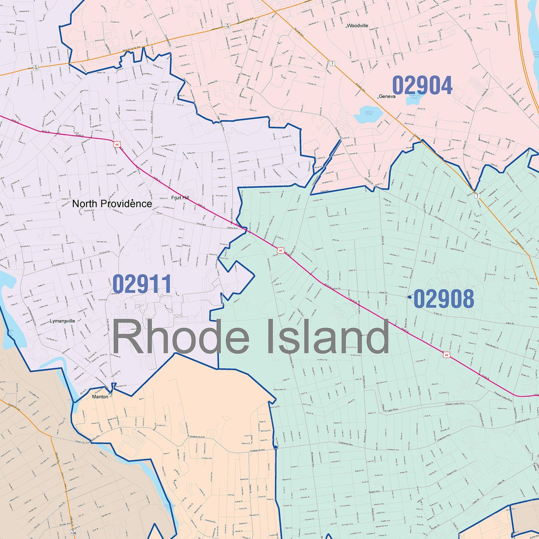 Color Cast Zip Code Style Wall Map of Providence, RI