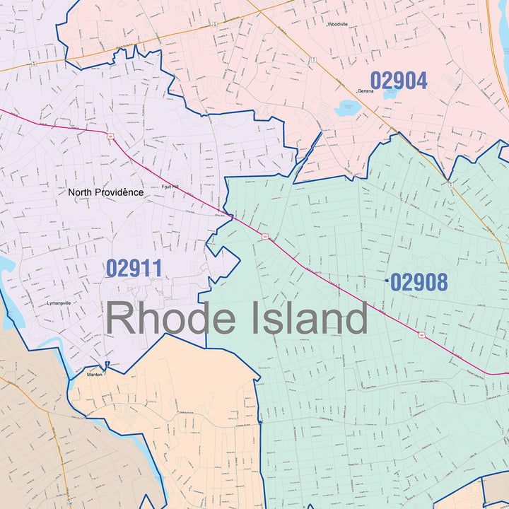 Color Cast Zip Code Style Wall Map of Providence, RI