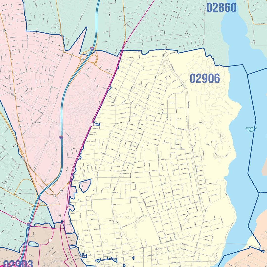 Color Cast Zip Code Style Wall Map of Providence, RI
