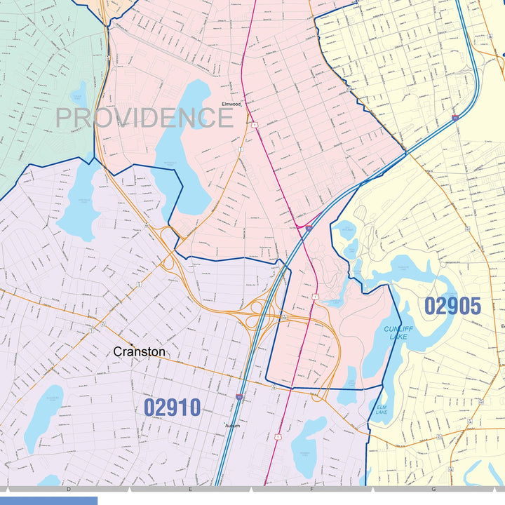 Color Cast Zip Code Style Wall Map of Providence, RI