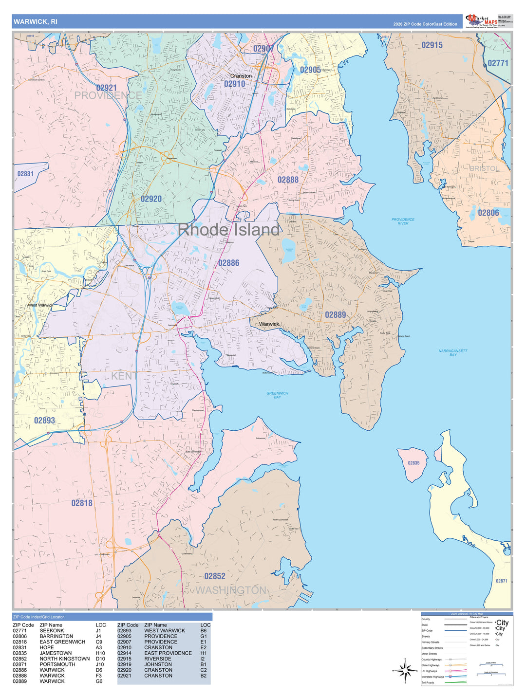 Color Cast Zip Code Style Wall Map of Warwick, RI