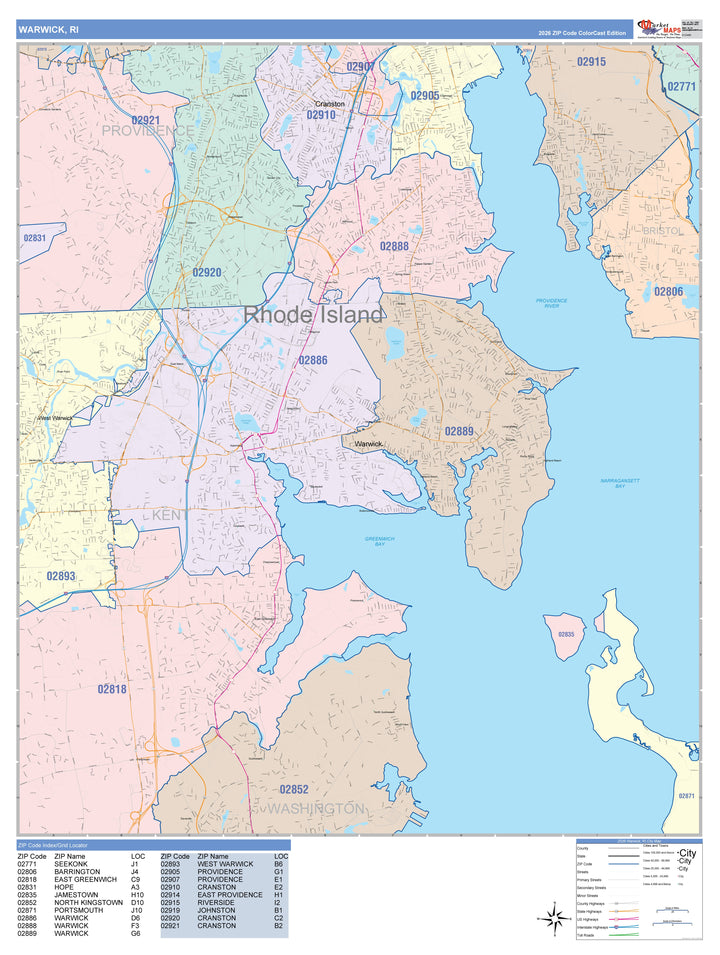Color Cast Zip Code Style Wall Map of Warwick, RI