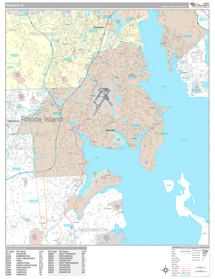 Premium Style Wall Map of Warwick, RI