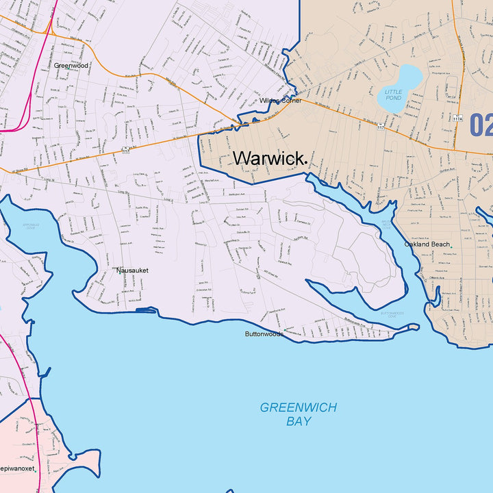 Color Cast Zip Code Style Wall Map of Warwick, RI