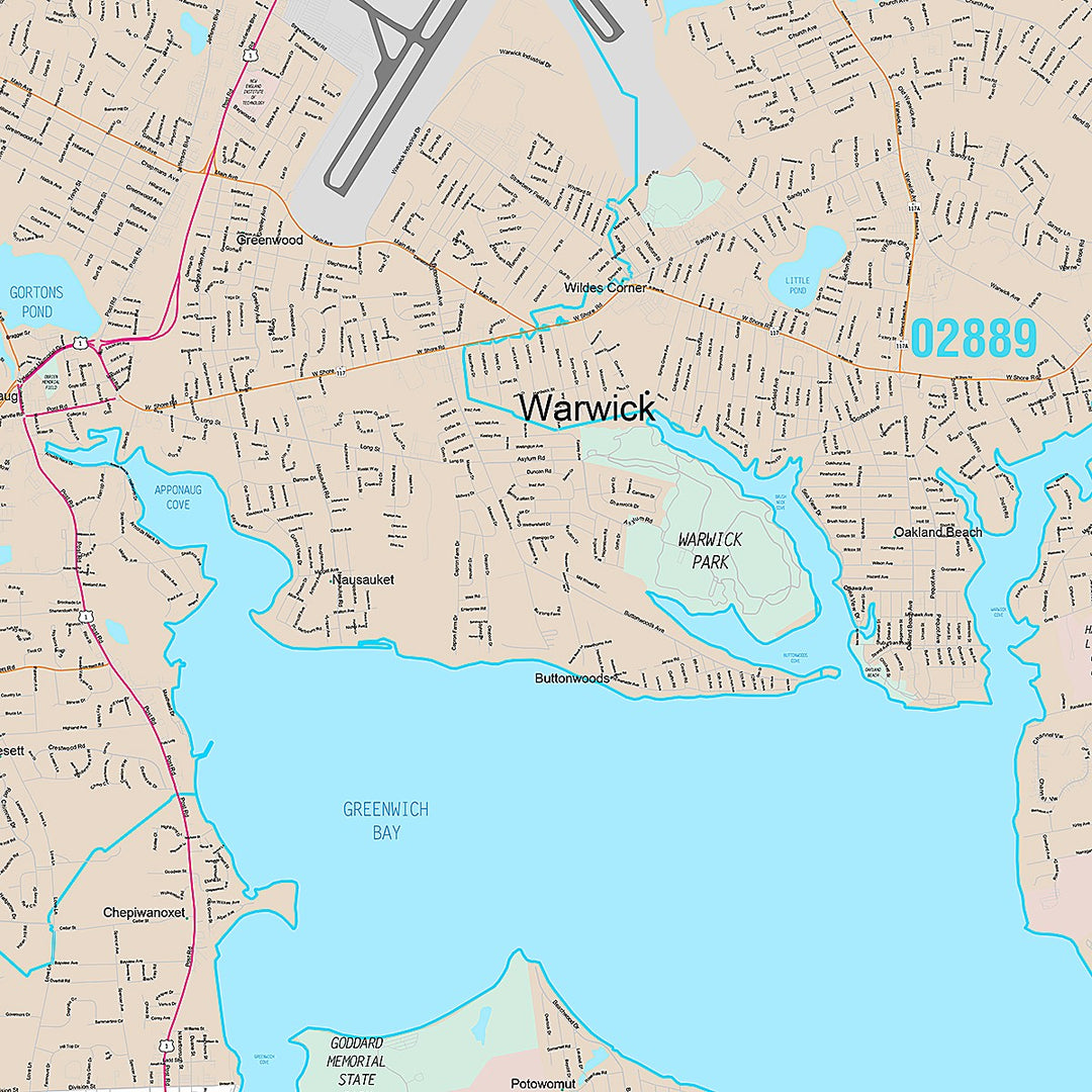 Premium Style Wall Map of Warwick, RI