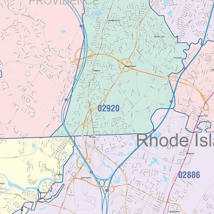 Color Cast Zip Code Style Wall Map of Warwick, RI