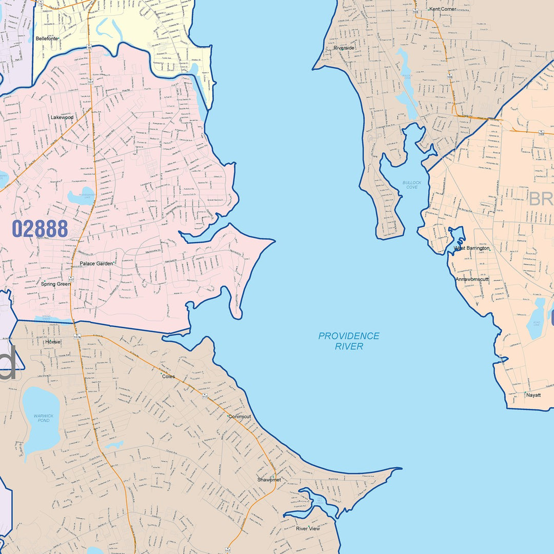 Color Cast Zip Code Style Wall Map of Warwick, RI