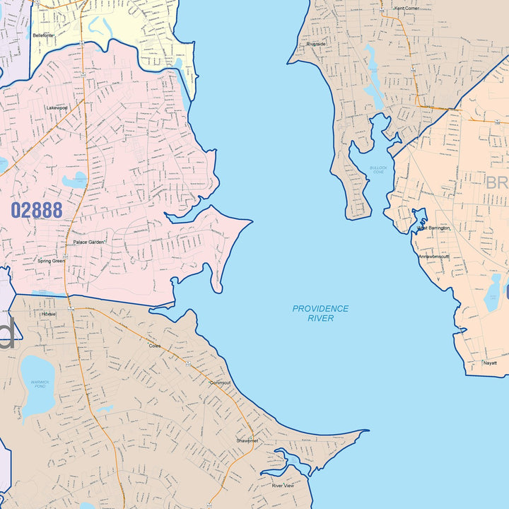 Color Cast Zip Code Style Wall Map of Warwick, RI