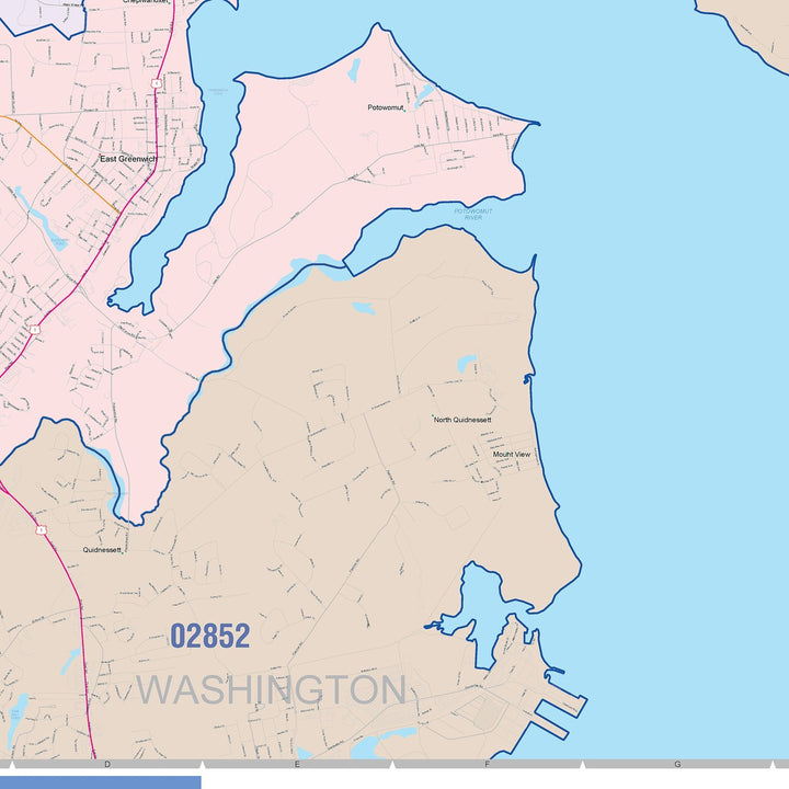 Color Cast Zip Code Style Wall Map of Warwick, RI