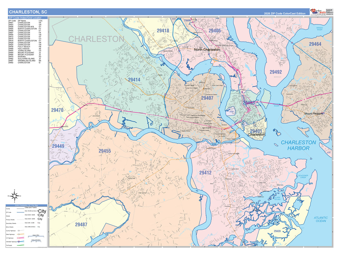 Color Cast Zip Code Style Wall Map of Charleston, SC