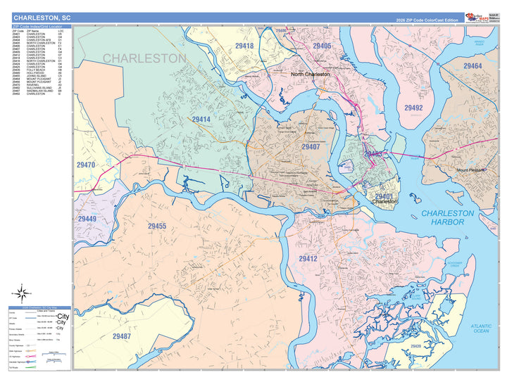 Color Cast Zip Code Style Wall Map of Charleston, SC