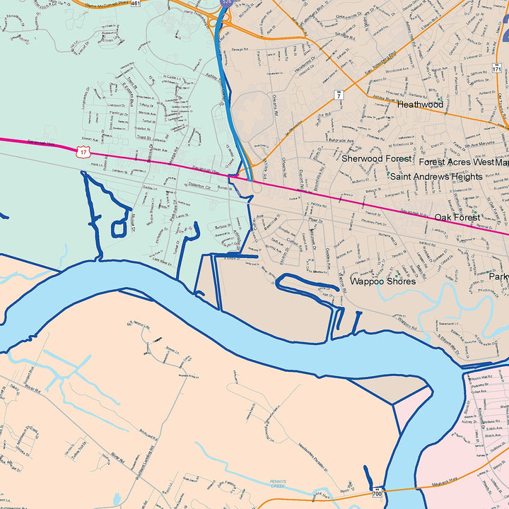 Color Cast Zip Code Style Wall Map of Charleston, SC