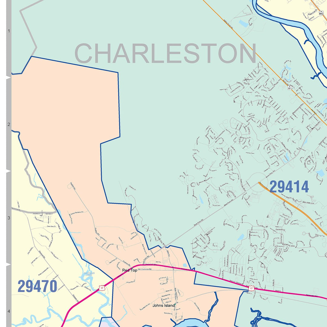 Color Cast Zip Code Style Wall Map of Charleston, SC