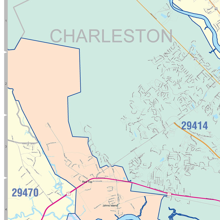 Color Cast Zip Code Style Wall Map of Charleston, SC
