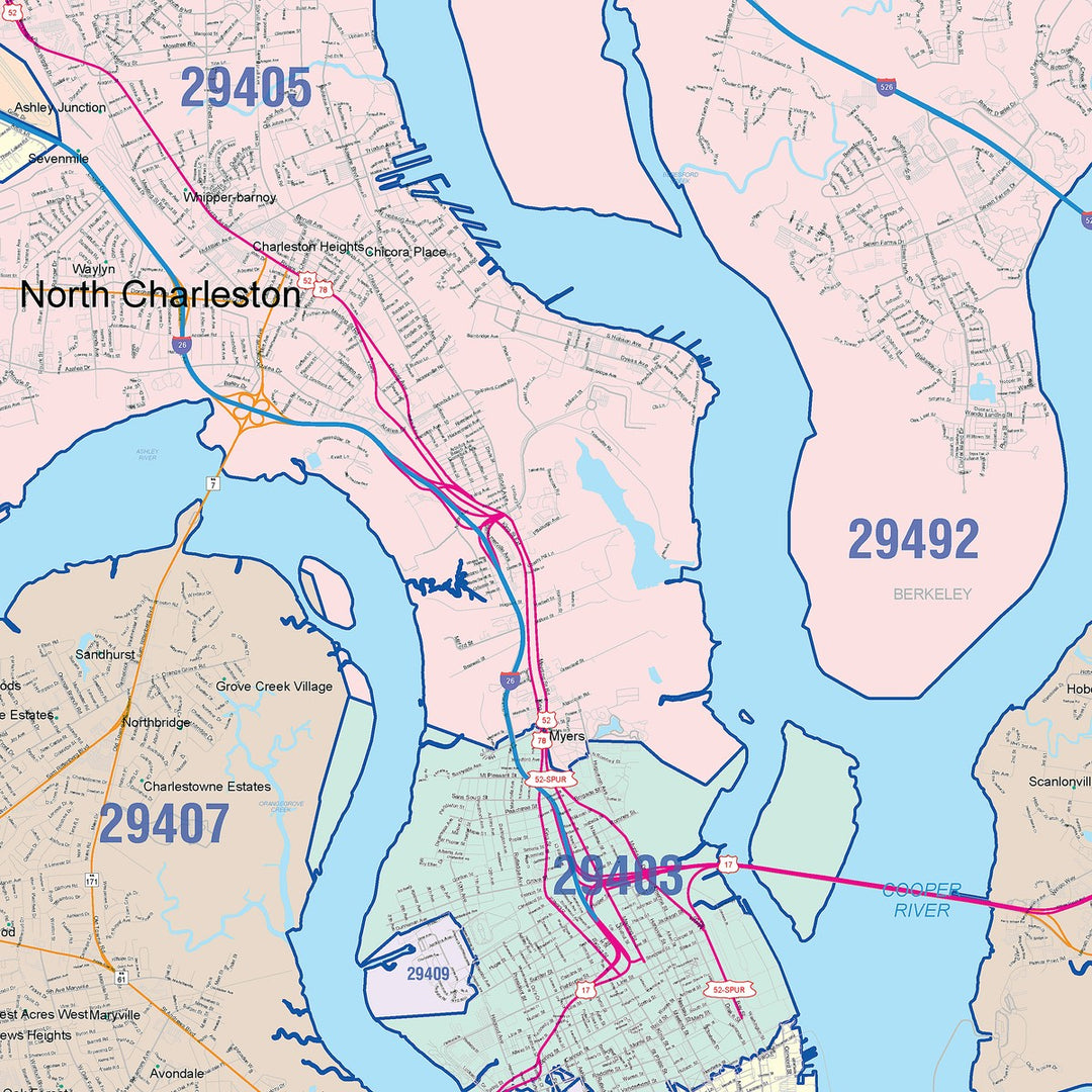 Color Cast Zip Code Style Wall Map of Charleston, SC