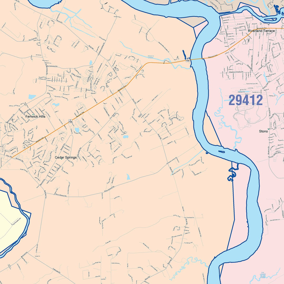 Color Cast Zip Code Style Wall Map of Charleston, SC