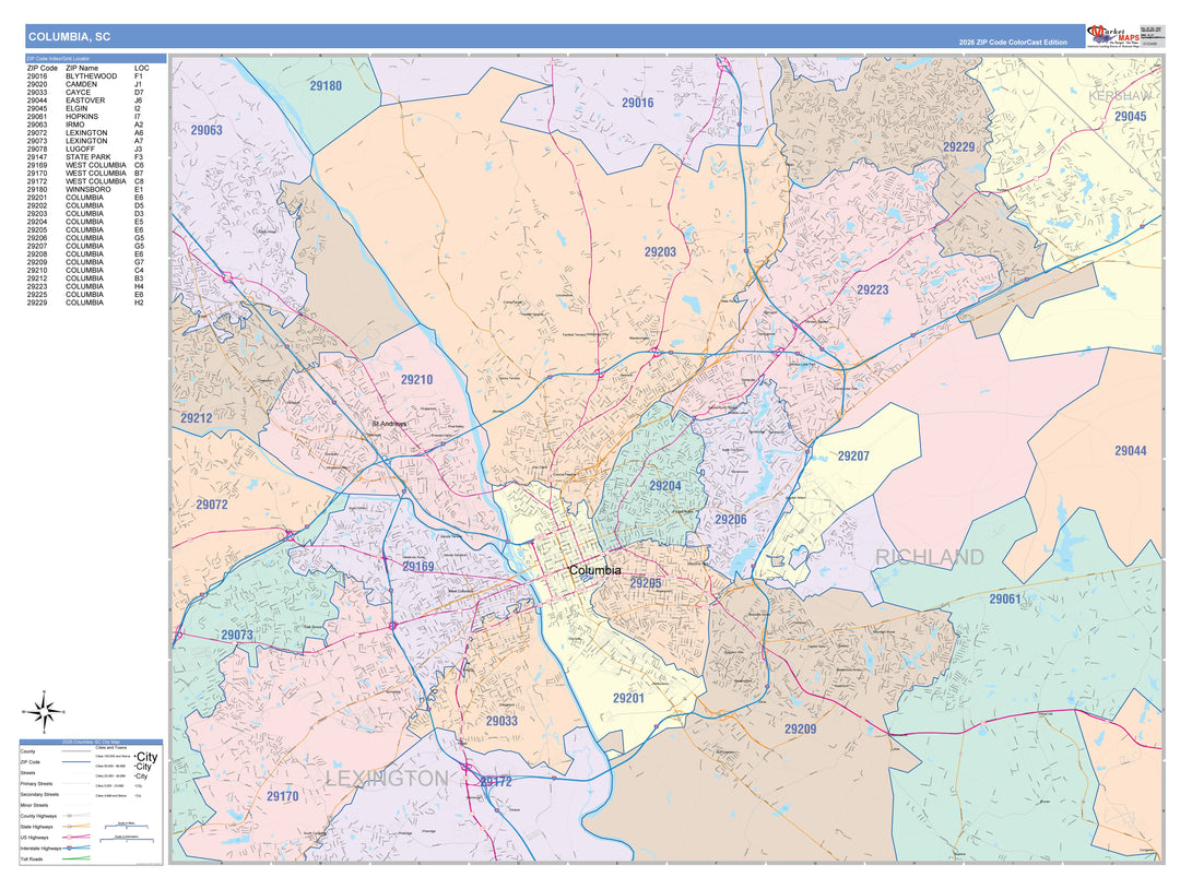 Color Cast Zip Code Style Wall Map of Columbia, SC