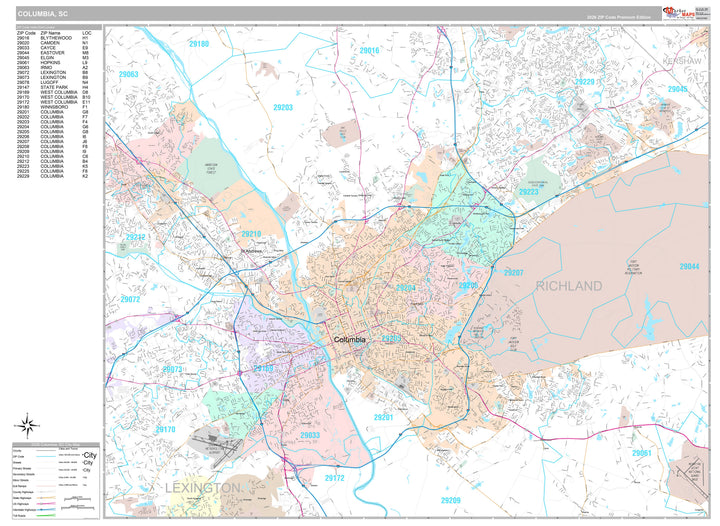 Premium Style Wall Map of Columbia, SC