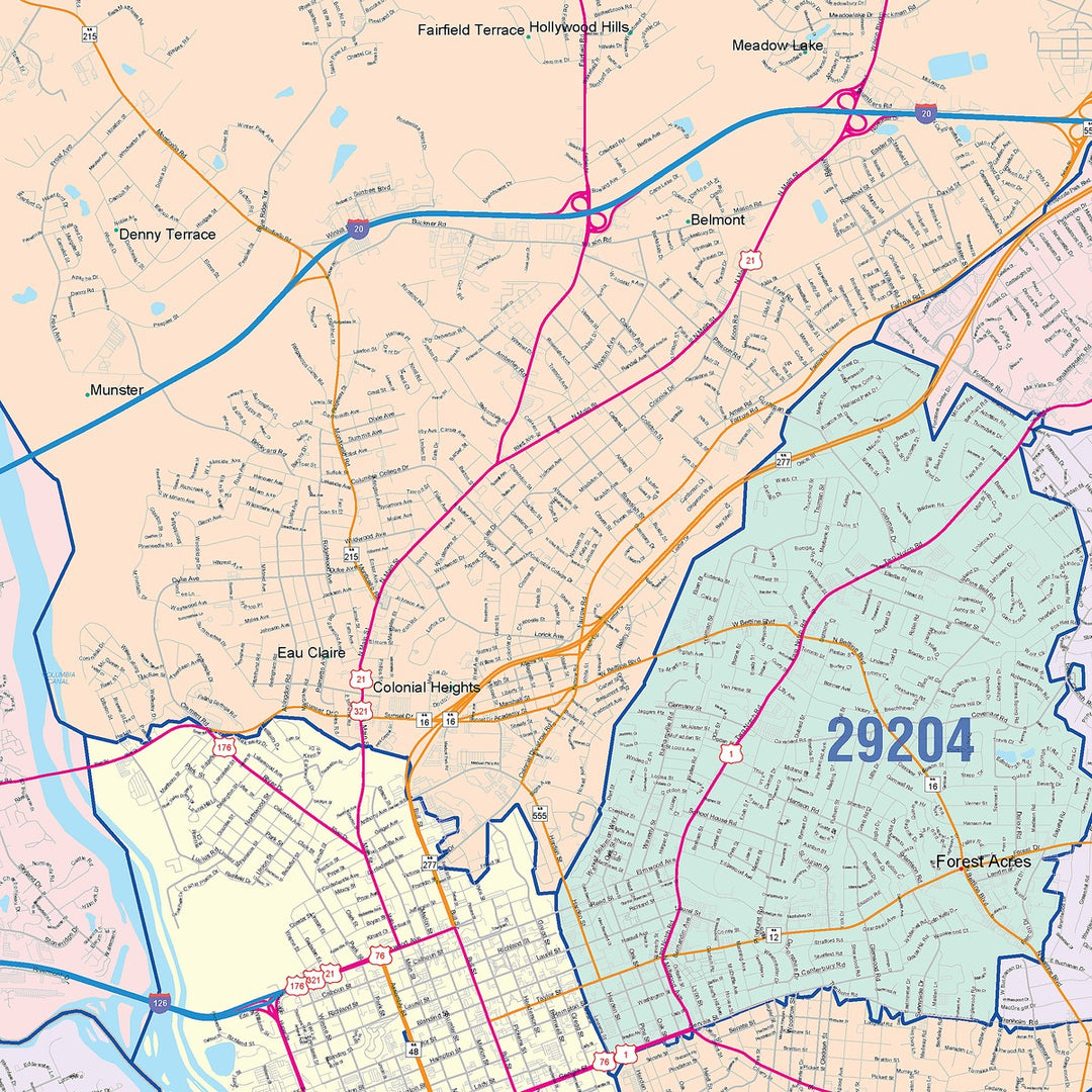 Color Cast Zip Code Style Wall Map of Columbia, SC