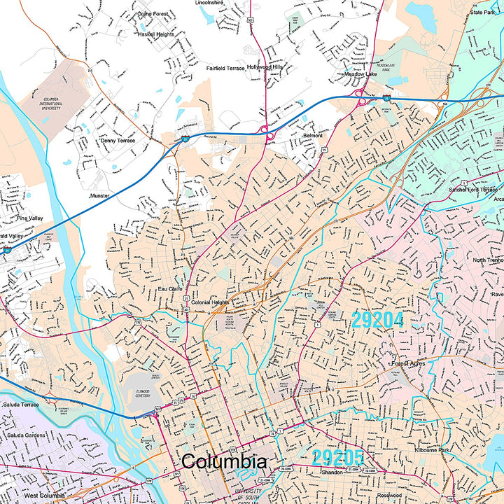 Premium Style Wall Map of Columbia, SC