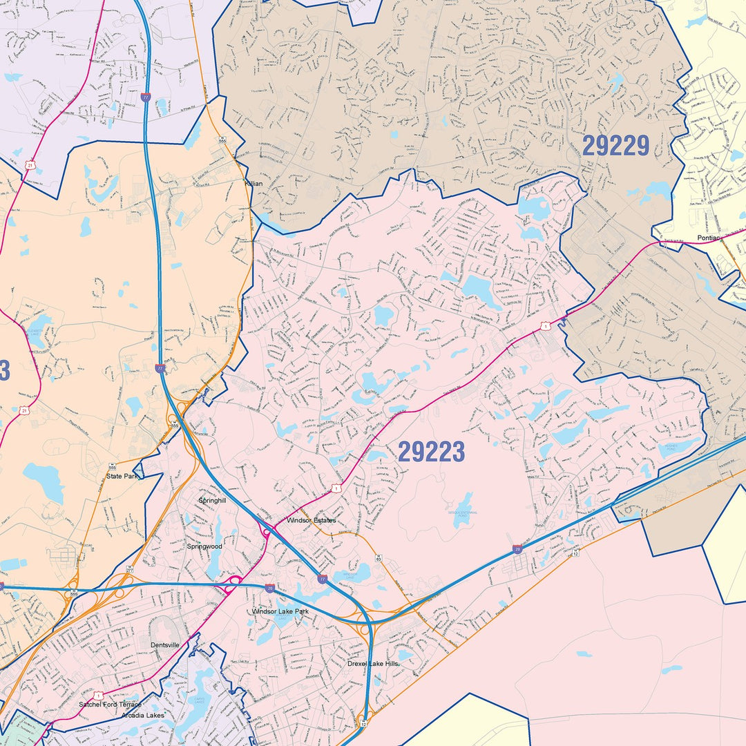 Color Cast Zip Code Style Wall Map of Columbia, SC
