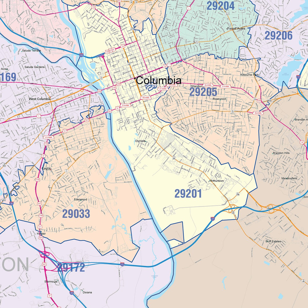 Color Cast Zip Code Style Wall Map of Columbia, SC