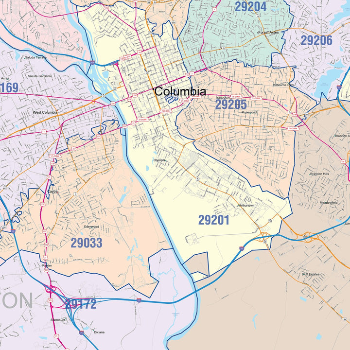 Color Cast Zip Code Style Wall Map of Columbia, SC