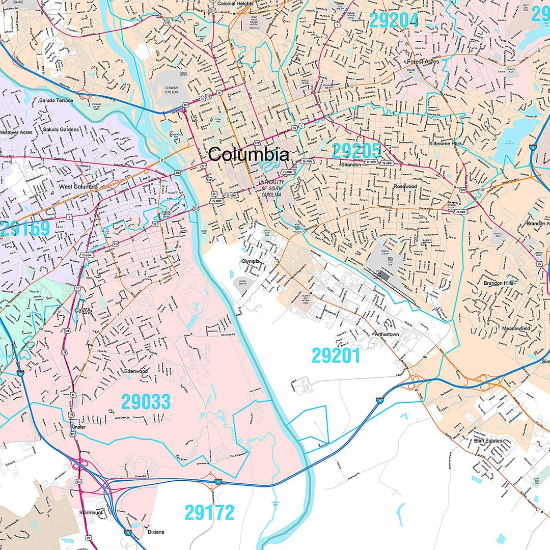 Premium Style Wall Map of Columbia, SC