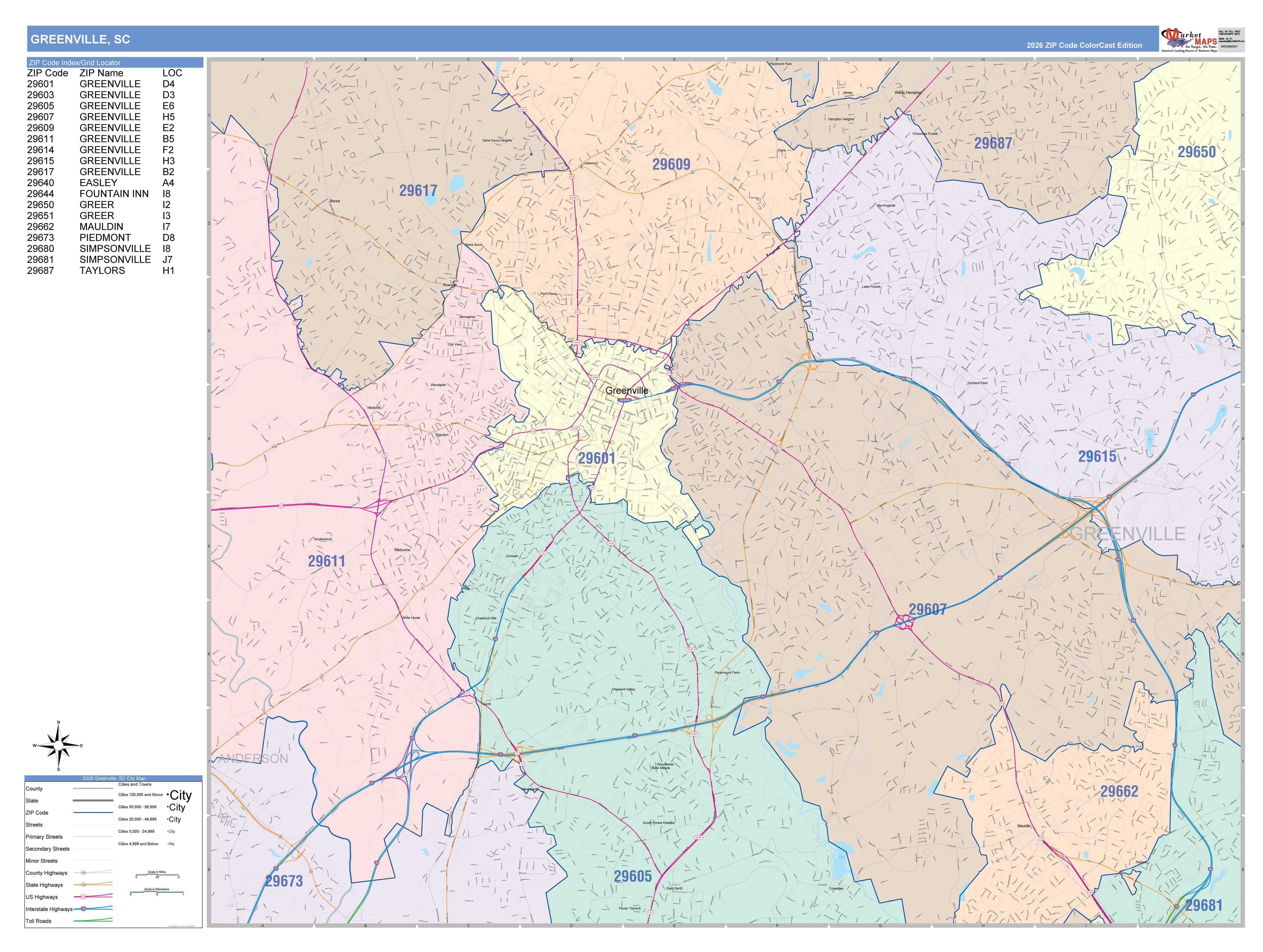 Color Cast Zip Code Style Wall Map of Greenville, SC – American Map Store