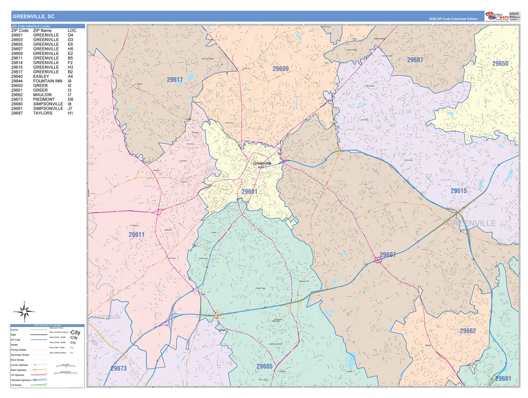 Color Cast Zip Code Style Wall Map of Greenville, SC