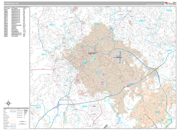 Premium Style Wall Map of Greenville, SC
