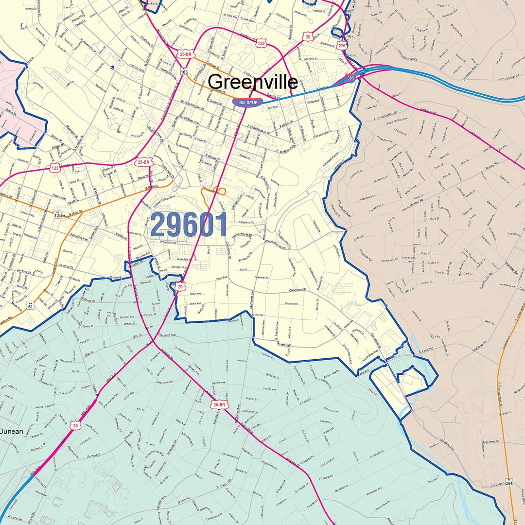 Color Cast Zip Code Style Wall Map of Greenville, SC