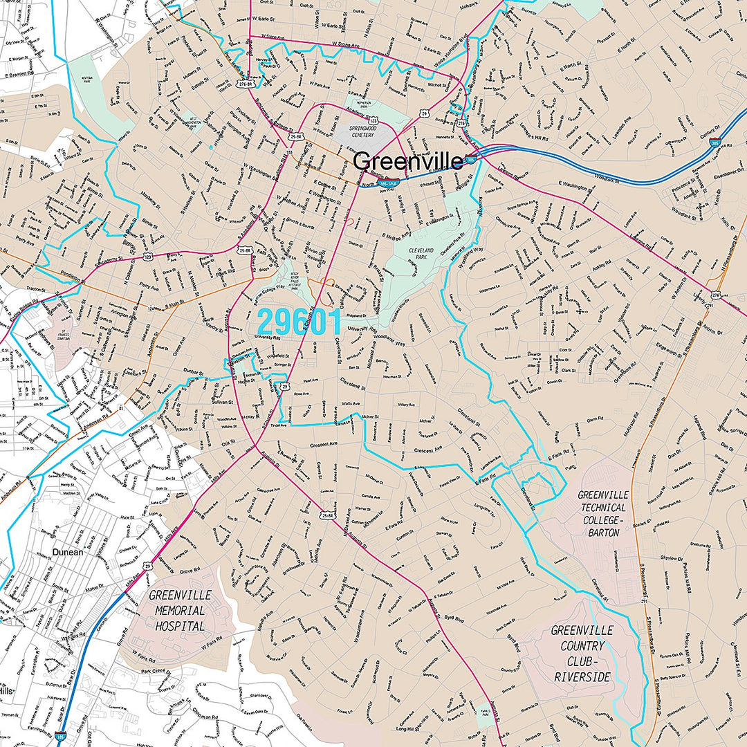 Premium Style Wall Map of Greenville, SC