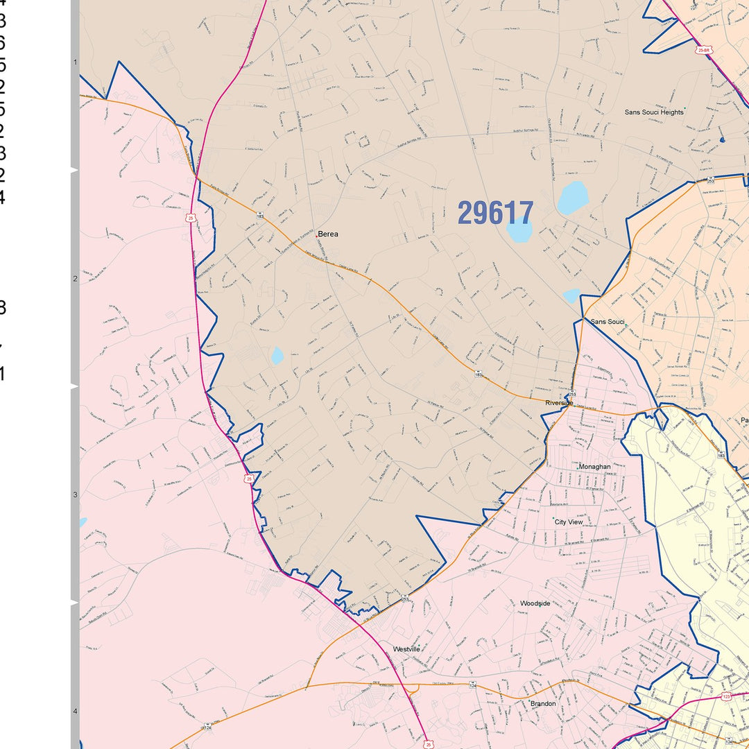 Color Cast Zip Code Style Wall Map of Greenville, SC