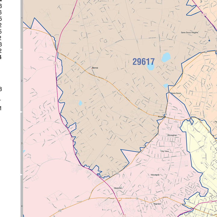 Color Cast Zip Code Style Wall Map of Greenville, SC