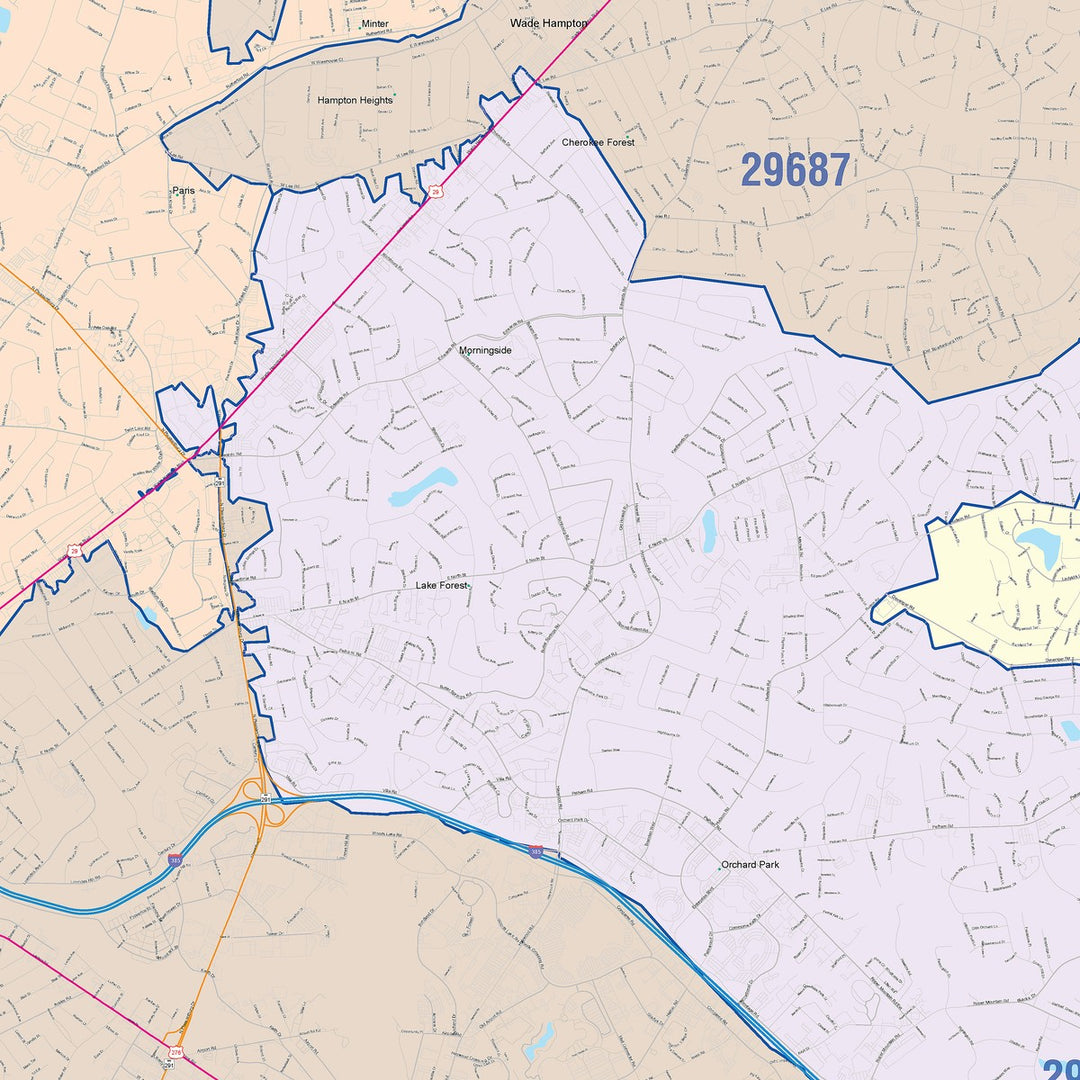 Color Cast Zip Code Style Wall Map of Greenville, SC