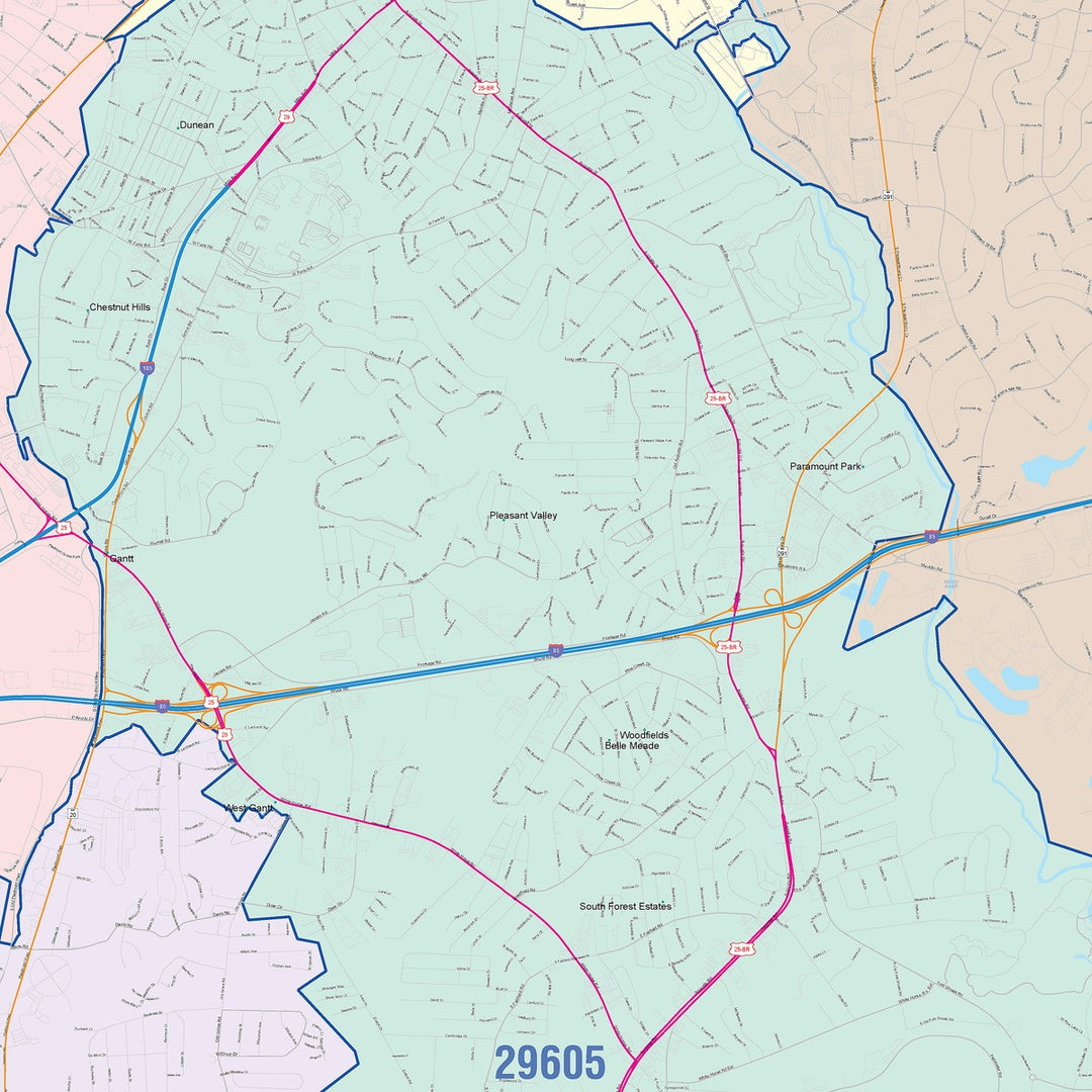 Color Cast Zip Code Style Wall Map of Greenville, SC