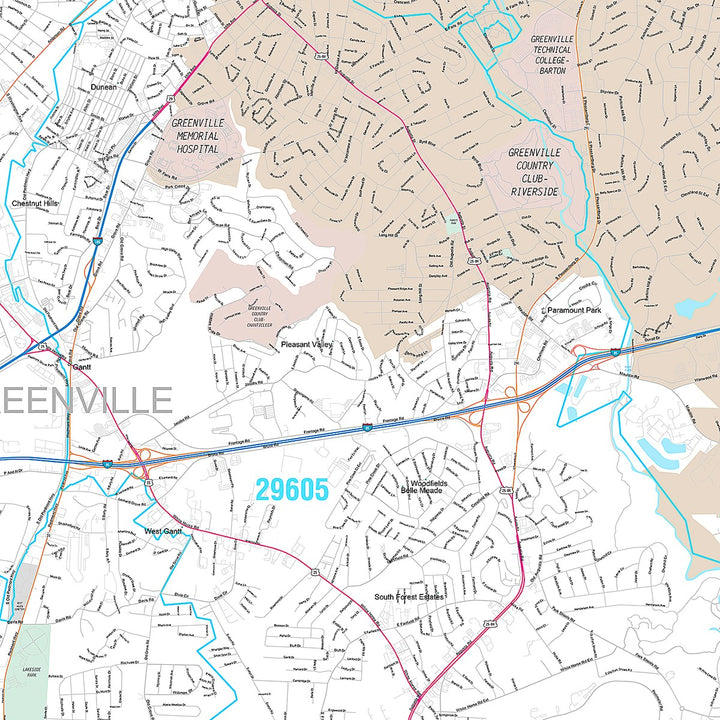 Premium Style Wall Map of Greenville, SC