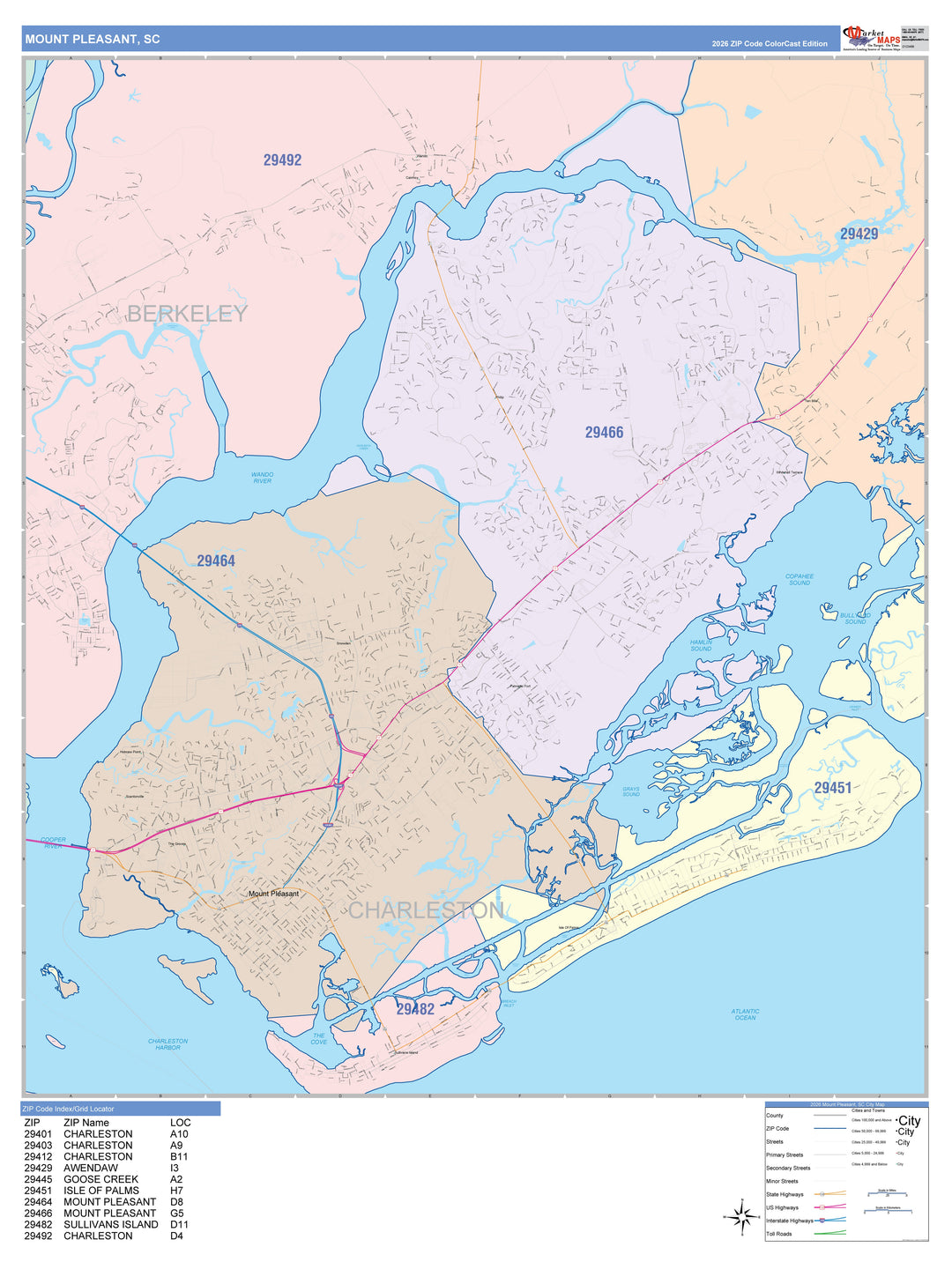 Color Cast Zip Code Style Wall Map of Mount Pleasant, SC